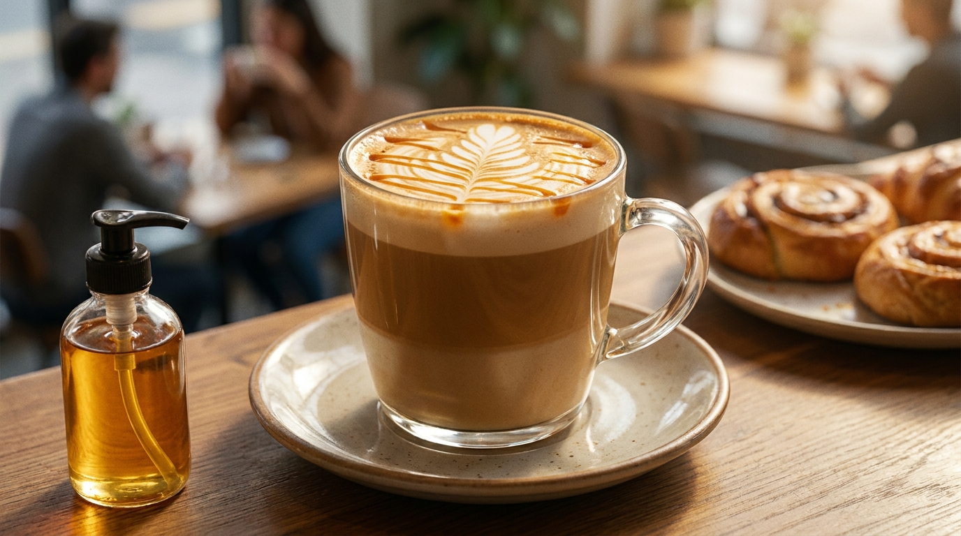 Aromalı bir latte ve yanında kahve şurubu şişesi