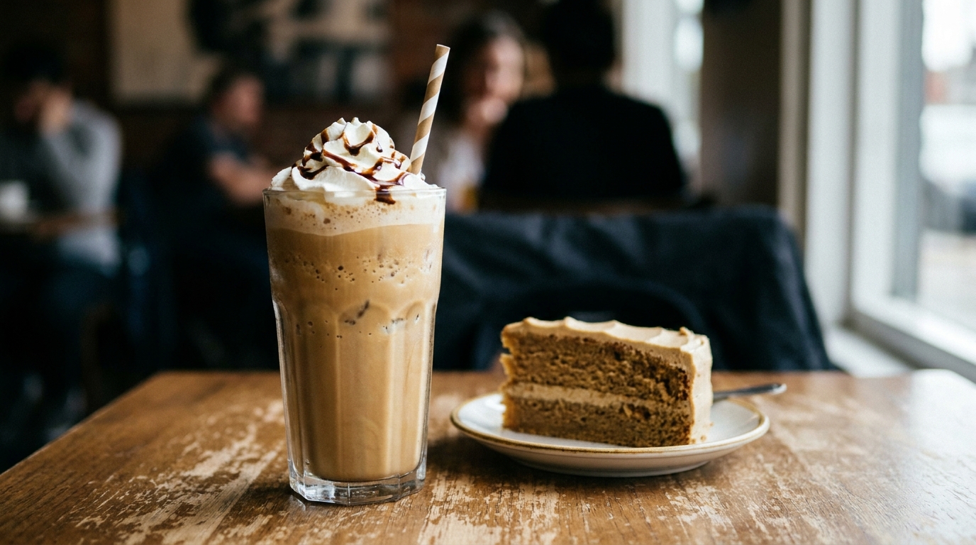 Kahve şurubuyla hazırlanmış frappuccino ve tatlı sunumu