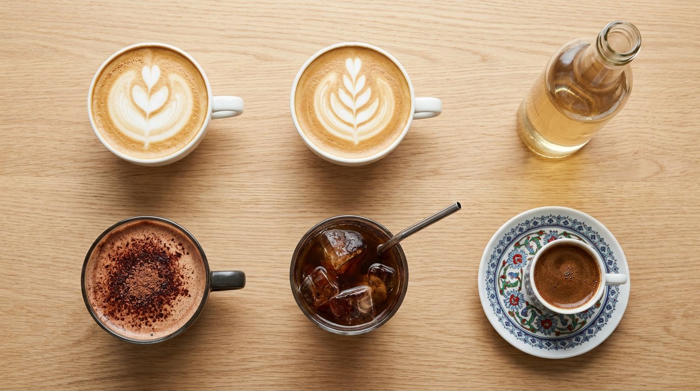 Latte, cappuccino ve soğuk kahve gibi farklı içeceklerin sunumu