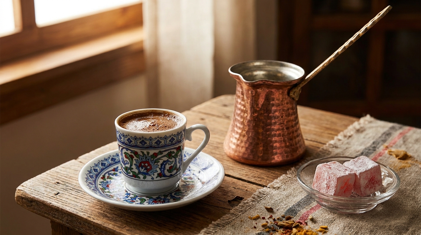 Bakır cezvede pişmiş, telveli servis edilen geleneksel Türk kahvesi fincanı