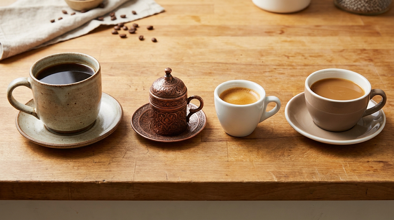 Filtre kahve, Türk kahvesi, espresso ve kafeinsiz kahvenin yan yana dizildiği karşılaştırma sahnesi