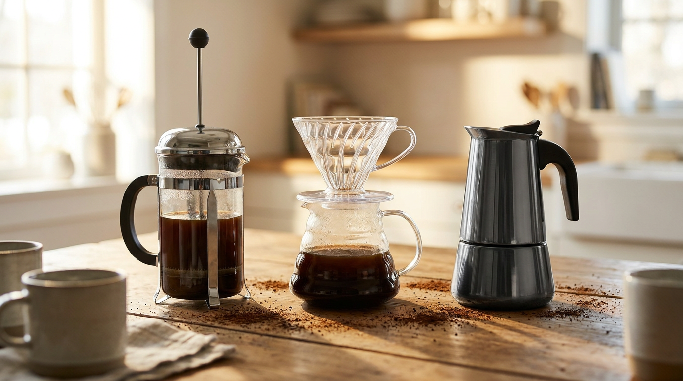 French press, pour over ve moka pot demleme yöntemlerinin bir arada gösterimi