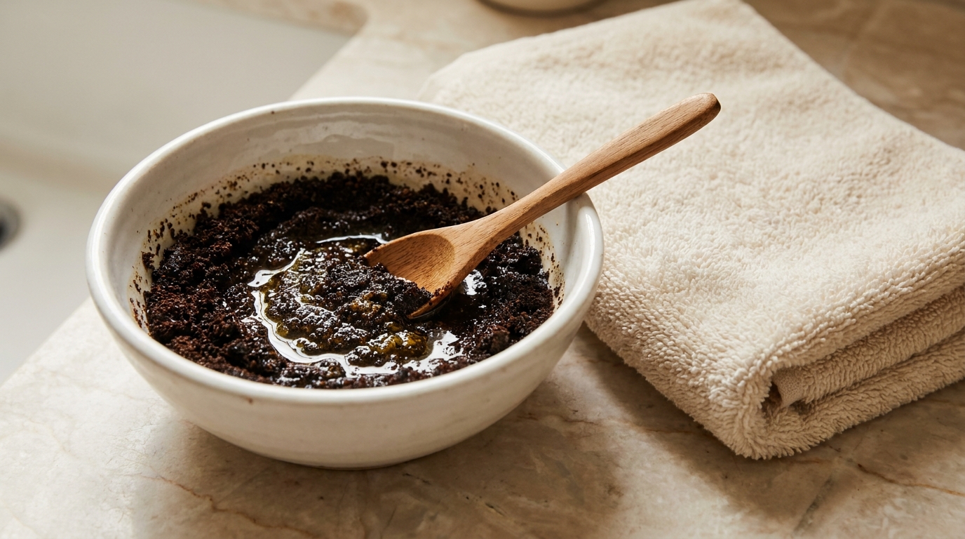 Bir kase içinde su ile karıştırılmış kahve telvesi peeling karışımı ve tahta kaşık