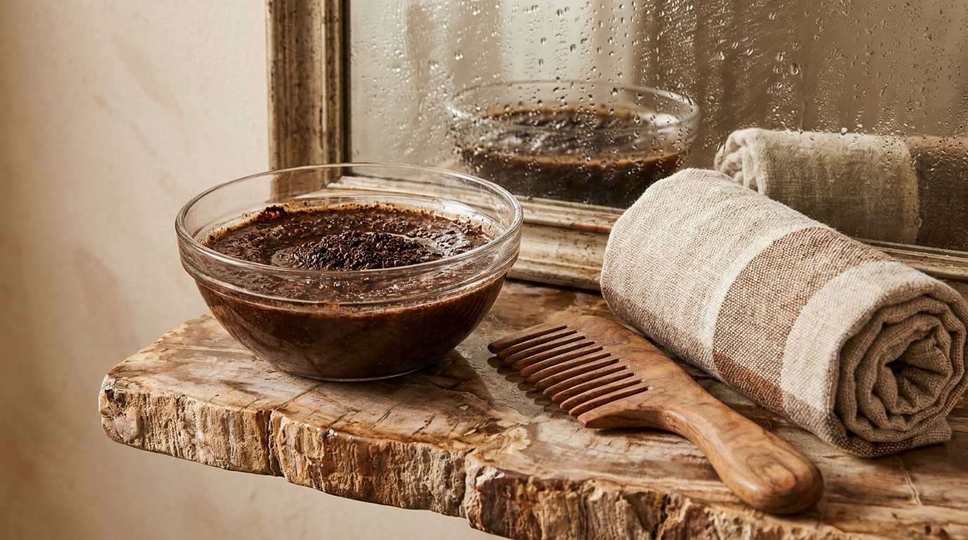 Şampuan ile karıştırılmış kahve telvesi karışımının bulunduğu kase ve banyo ortamı