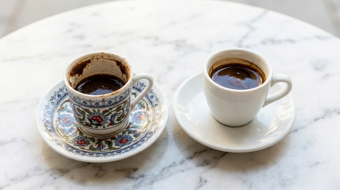 Türk kahvesi fincanı ve espresso fincanı yan yana, telve karşılaştırması