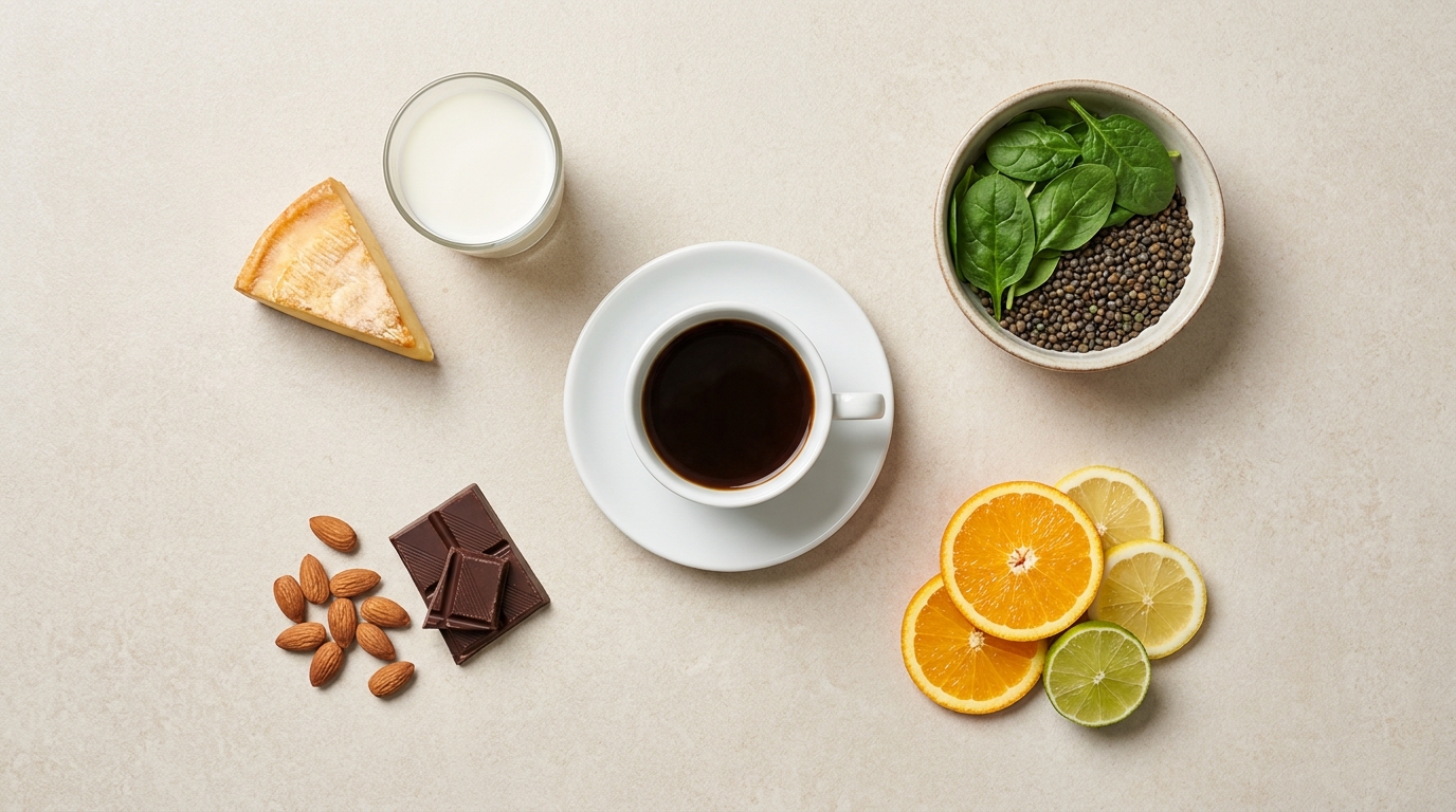 Kahve fincanı çevresinde demir, kalsiyum, magnezyum ve vitamin kaynaklarını gösteren düzen