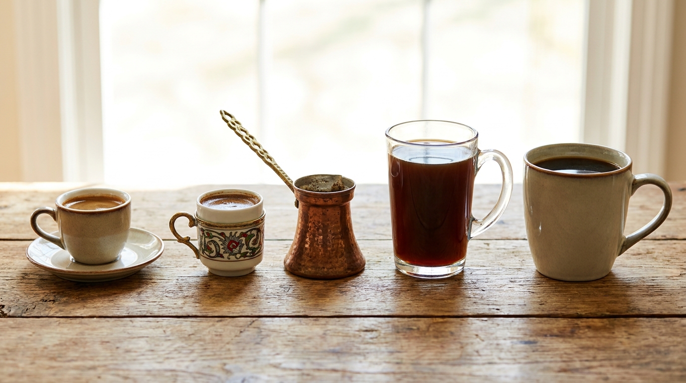 Espresso, Türk kahvesi, filtre kahve ve americano fincanlarının bir arada dizildiği sahne
