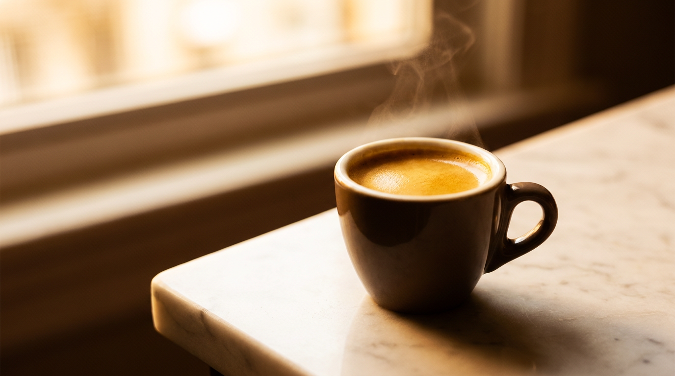 Sıcak espresso fincanı ve enerjiyi çağrıştıran ışıklı arka plan