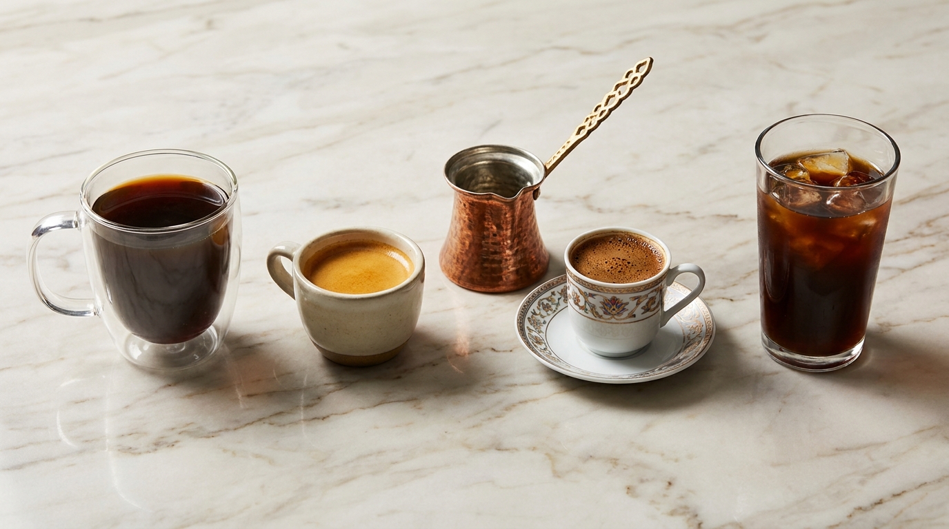 Farklı kahve türleri: filtre, espresso, Türk kahvesi ve soğuk demleme