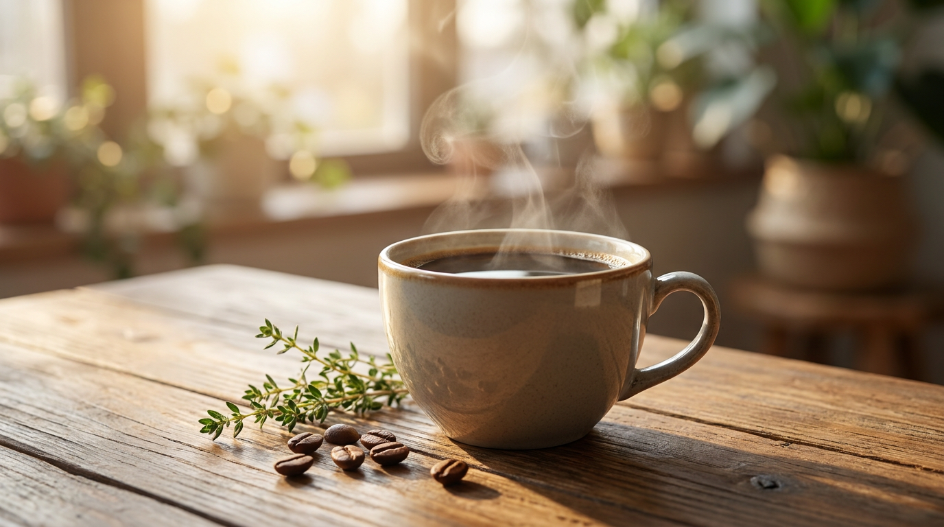 Ahşap masada sıcak bir fincan sade kahve, kahve çekirdekleri ve yeşillik