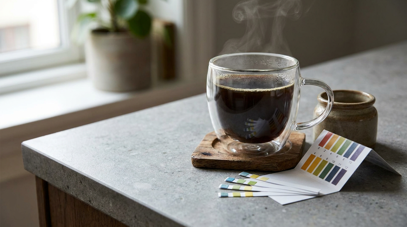 Cam bardakta filtre kahve ve yanında dijital pH ölçüm test şeritleri