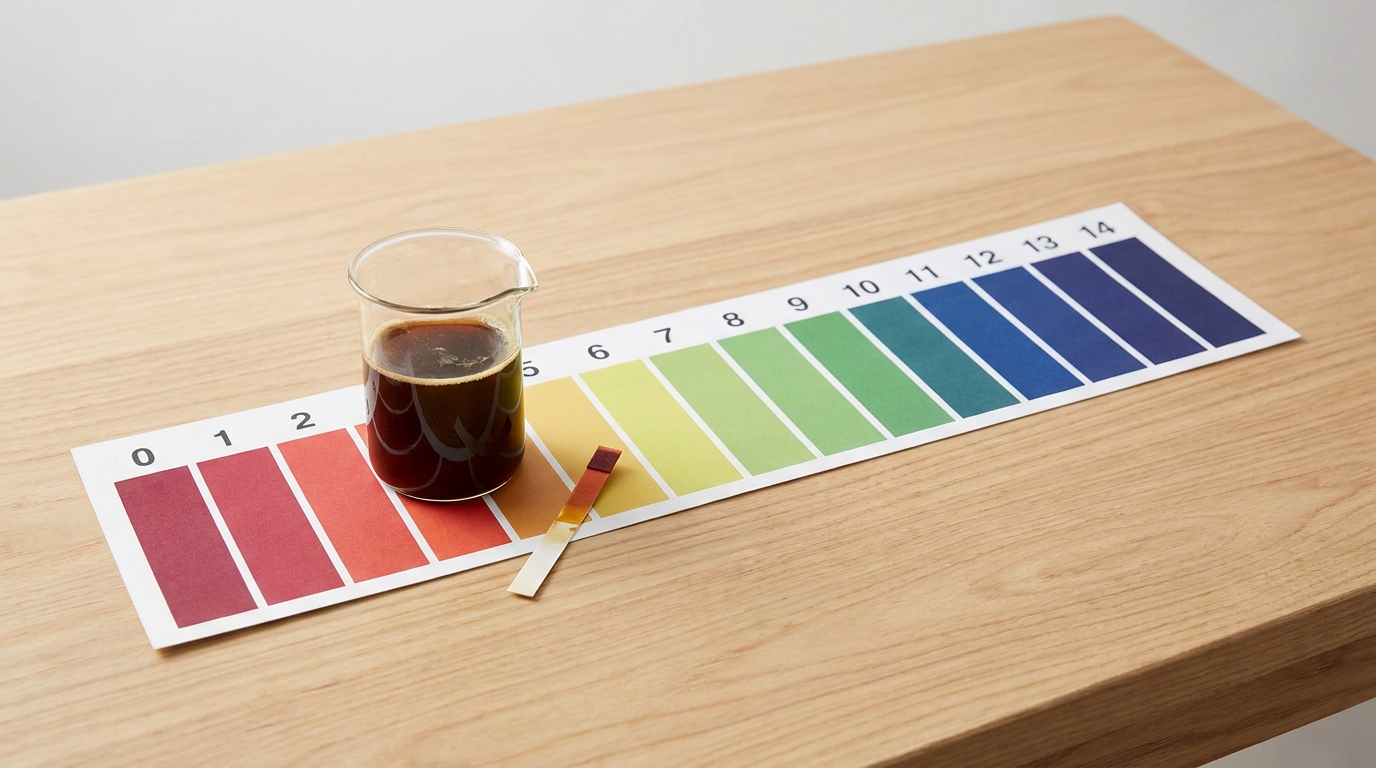 0 ile 14 arası pH renk skalası ve üzerinde kahvenin konumu