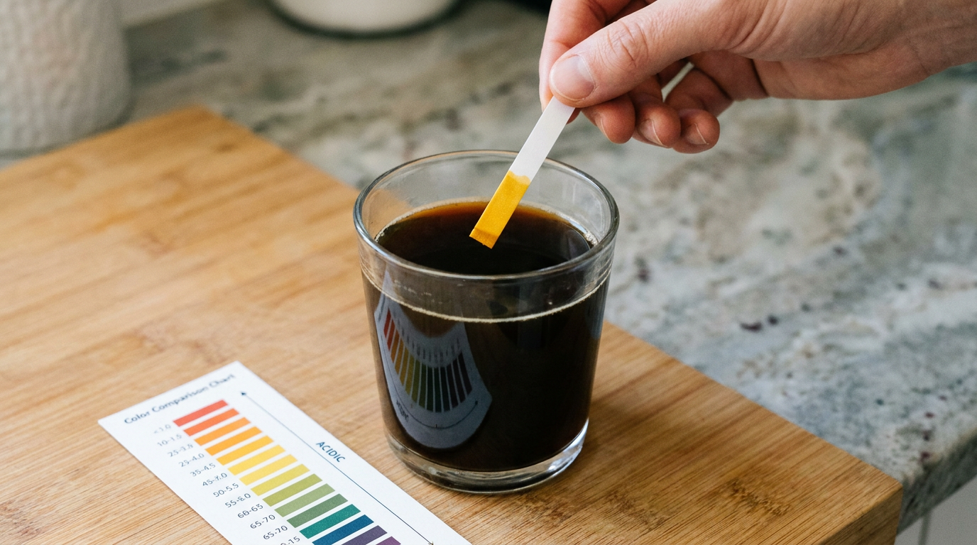 Kahve dolu bardağa daldırılmış pH test şeridi