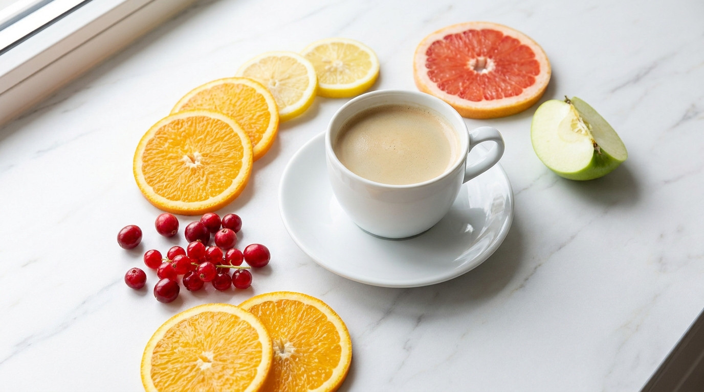 Kahve fincanı yanında dilimlenmiş limon ve meyveler, canlı asidite temsili