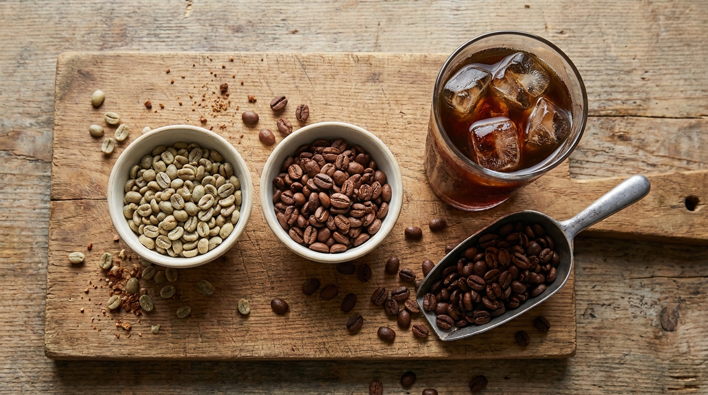 Arabica ve Robusta çekirdekleri ve cold brew bardağı bir arada