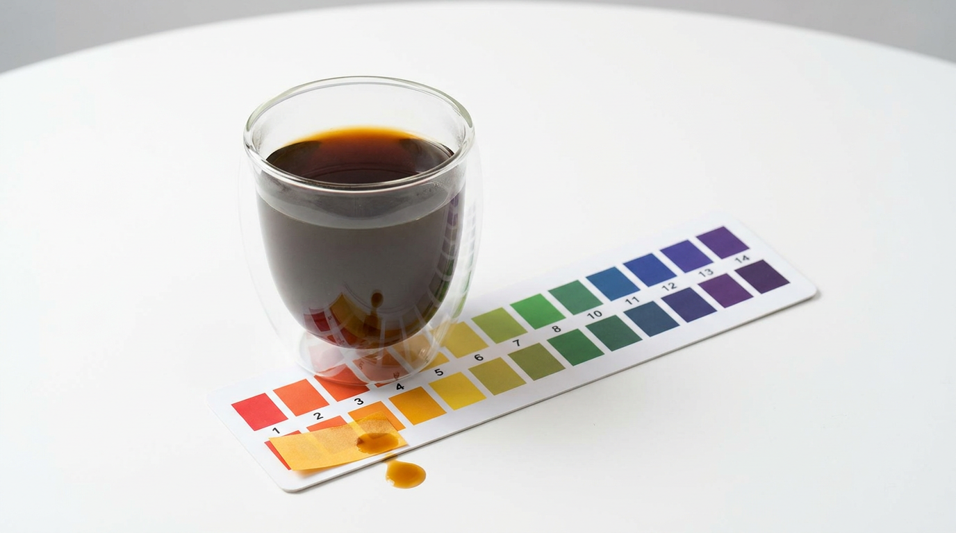 Nötr pH konumunda kahve bardağı ile pH skalası üzerinde soru işareti hissi