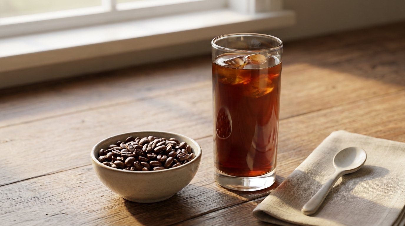 Koyu kavrulmuş kahve çekirdekleri ve cold brew bardağı seçim vurgusu