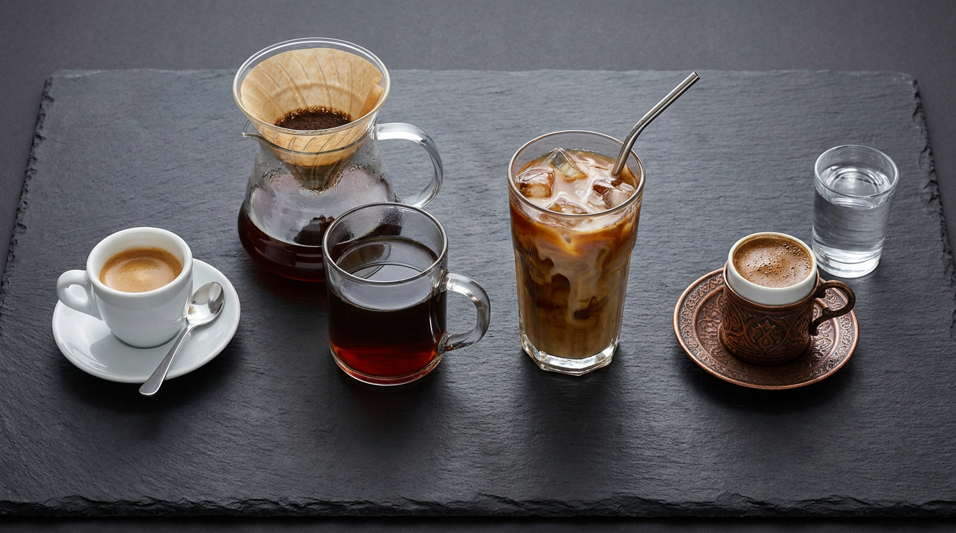 Espresso, filtre kahve, cold brew ve Türk kahvesi bir arada karşılaştırma