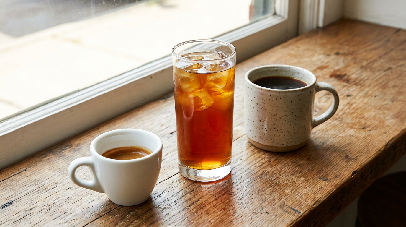 Espresso, filtre kahve ve cold brew farklı fincanlarda yan yana