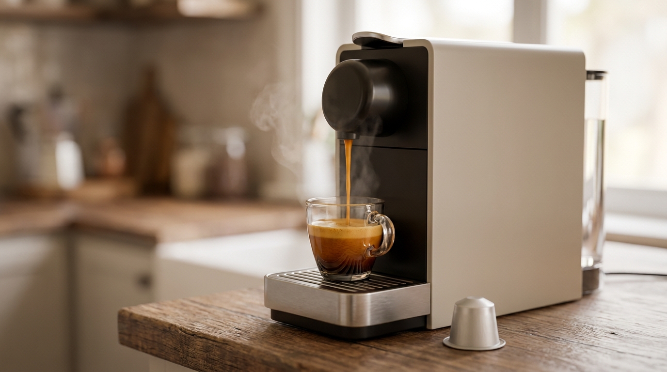 Kapsül kahve makinesi espresso demlerken