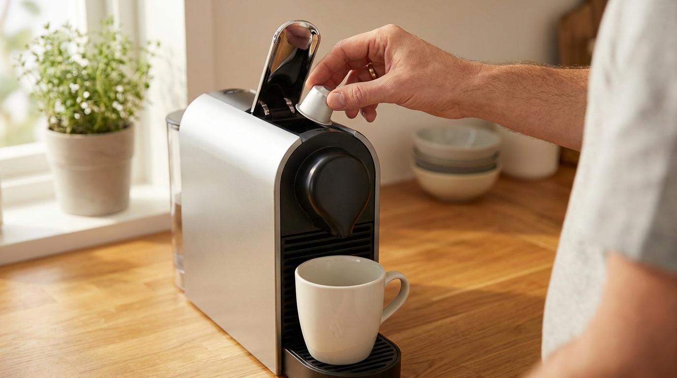 Kapsül makinesine kapsül yerleştirme ve espresso çekme