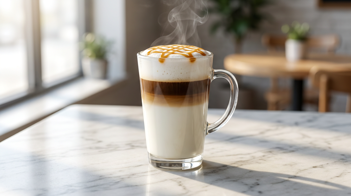 Cam bardakta katmanlı karamel macchiato, üzerinde karamel sos deseni