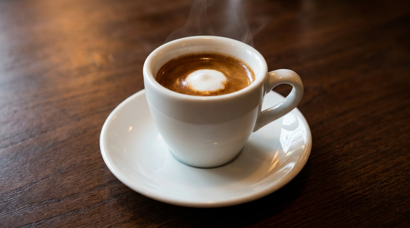 Küçük espresso fincanında klasik macchiato, üstünde ince süt köpüğü lekesi