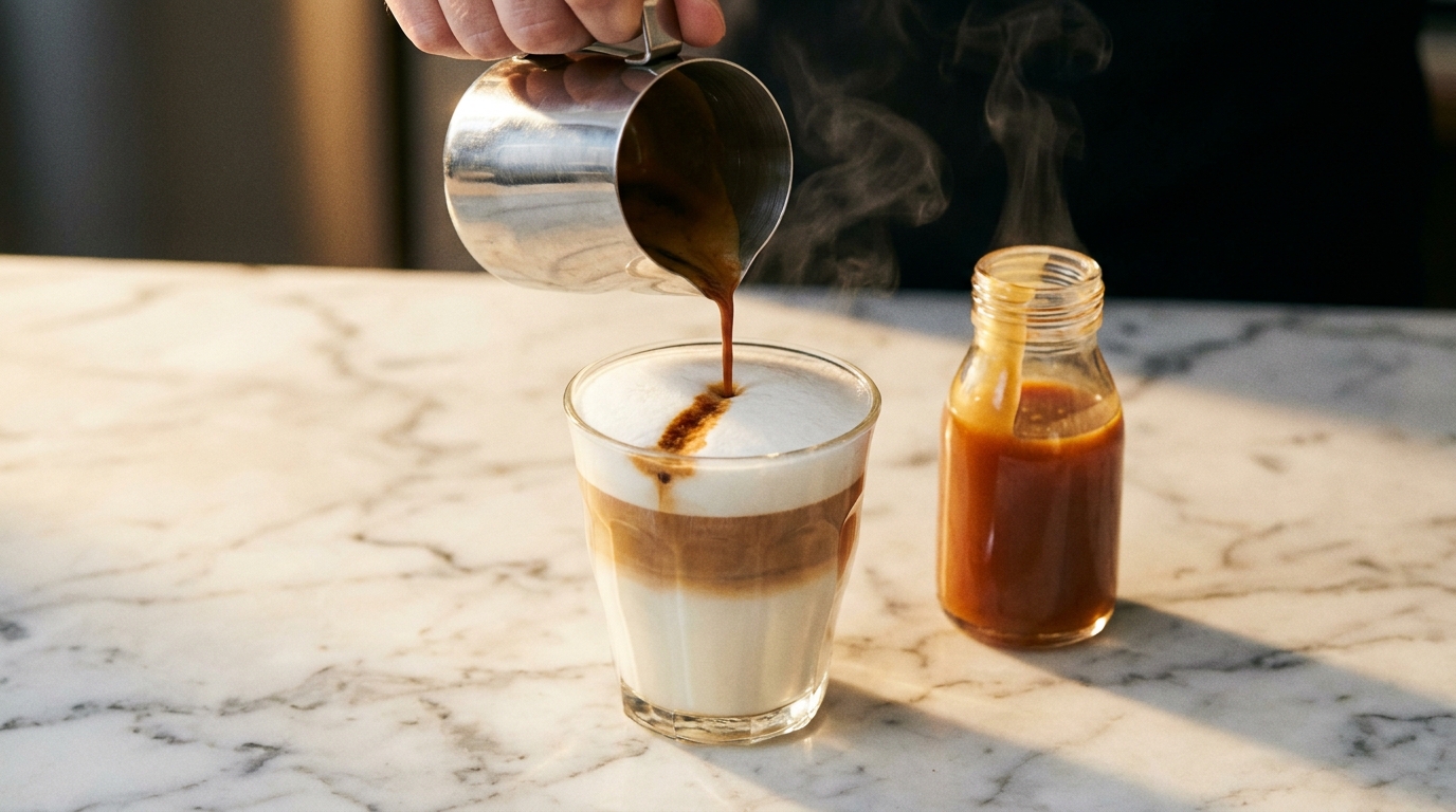 Espresso shot cam bardaktaki süt köpüğünün üzerine dökülürken oluşan koyu leke