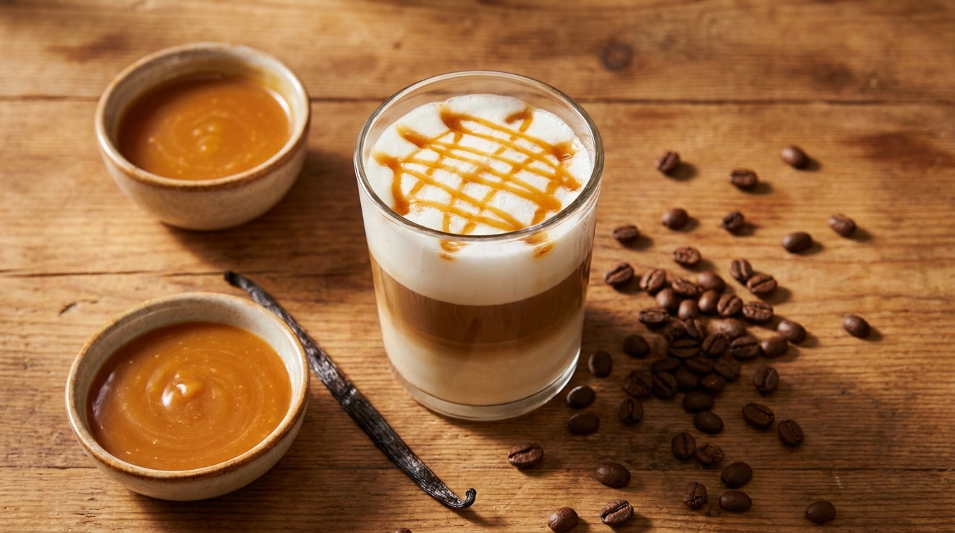 Karamel macchiato'nun yanında karamel sos, vanilya çubuğu ve kahve çekirdekleri