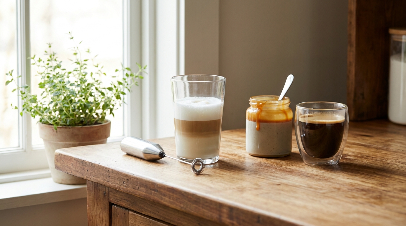 Evde caramel macchiato hazırlanışı, süt köpürtücü ve karamel sos yan yana