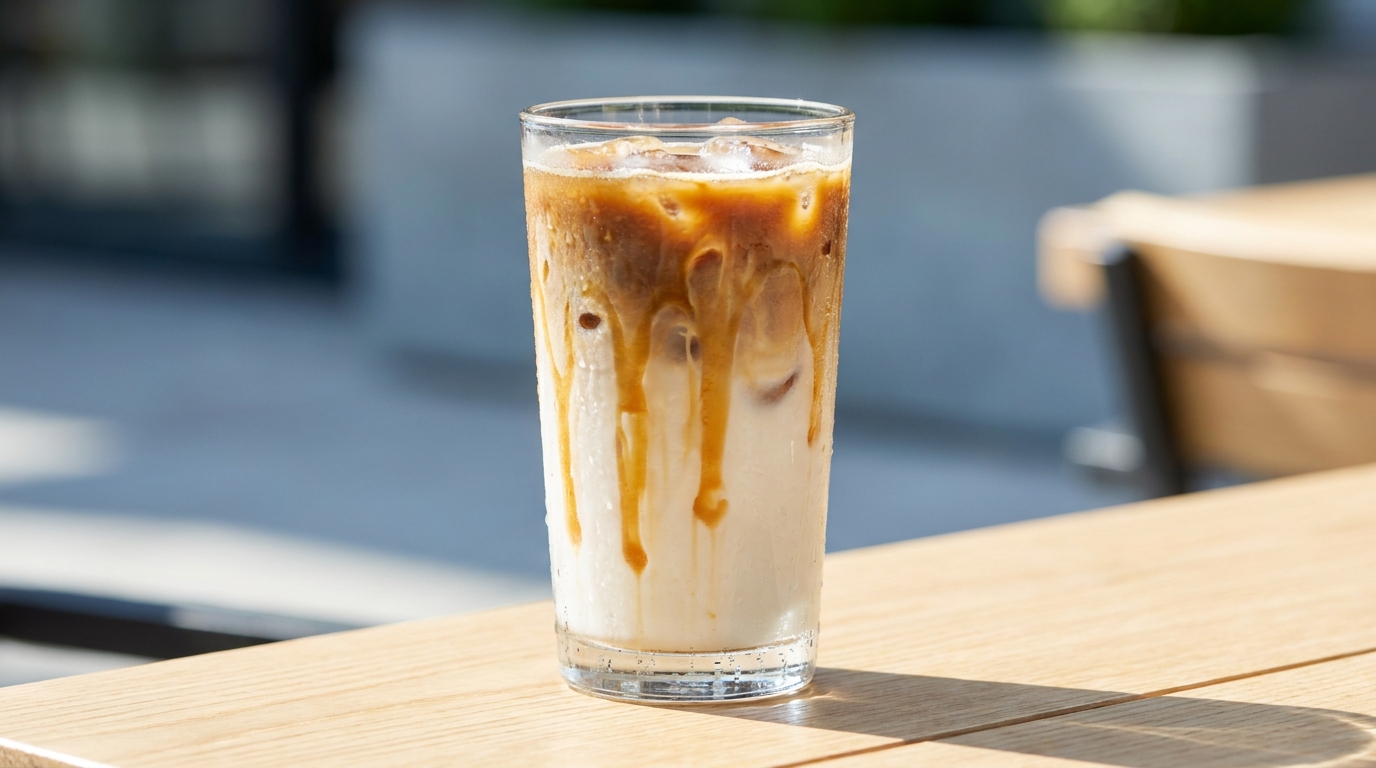 Buz küpleri, soğuk süt ve karamel içeren buzlu caramel macchiato
