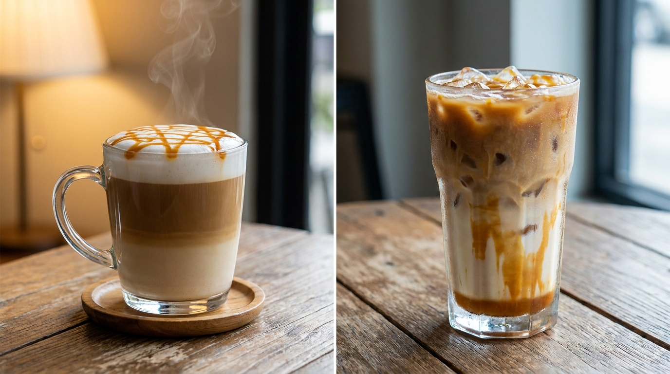 Yan yana sıcak ve soğuk karamel macchiato bardakları