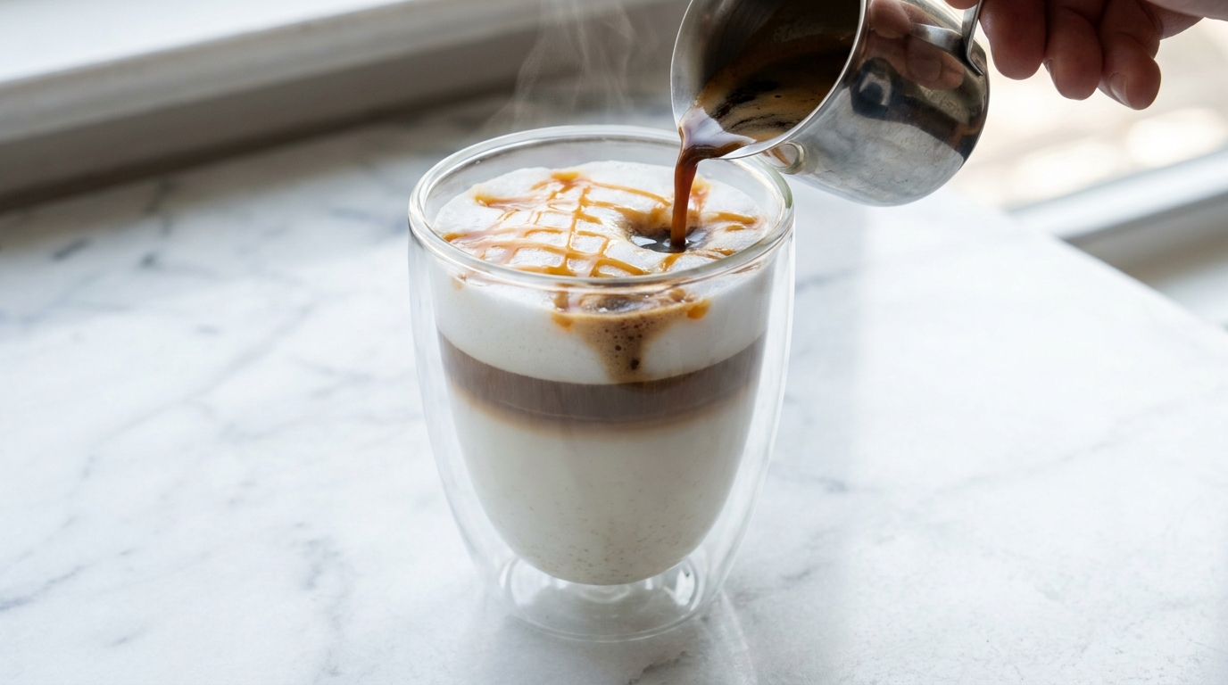 Espresso en son eklenirken karamel macchiato'nun katmanlı yapısı
