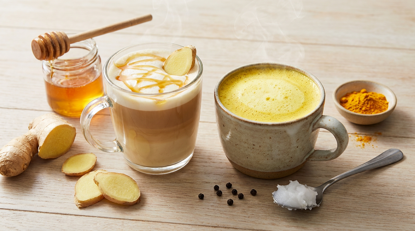 Zencefilli ballı latte ve zerdeçallı altın sütlü espresso