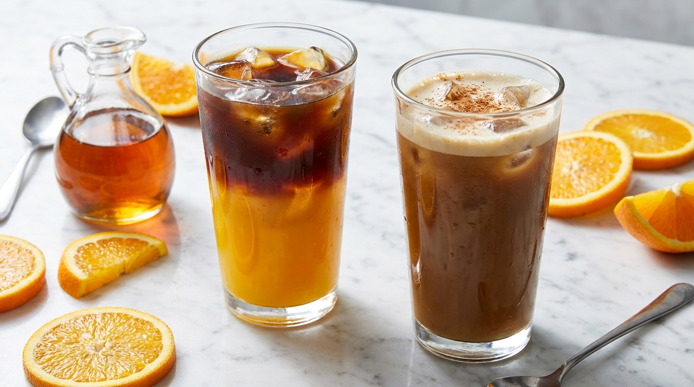 Portakallı cold brew ve akçaağaç shaken espresso buzlu bardaklar