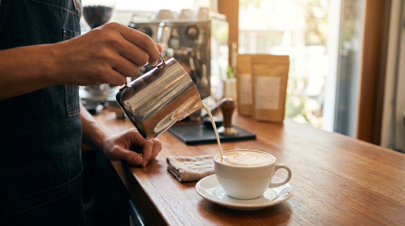 Beyaz porselen fincanda rosetta desenli latte art