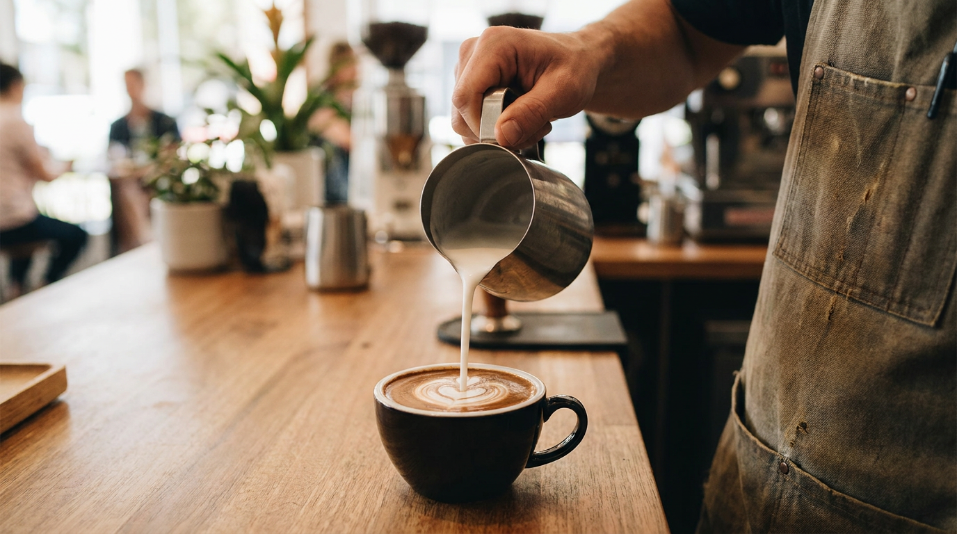 Barista espresso üzerine süt dökerek kalp deseni oluşturuyor