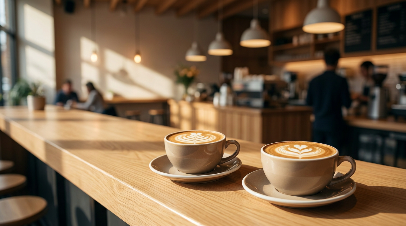 Kafe tezgahında sunulan latte art süslü kahveler