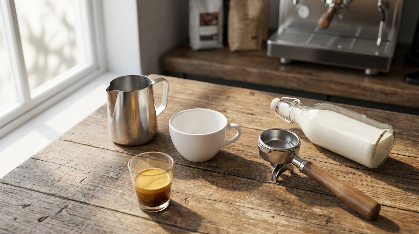 Latte art ekipmanları: espresso makinesi, pitcher ve fincan