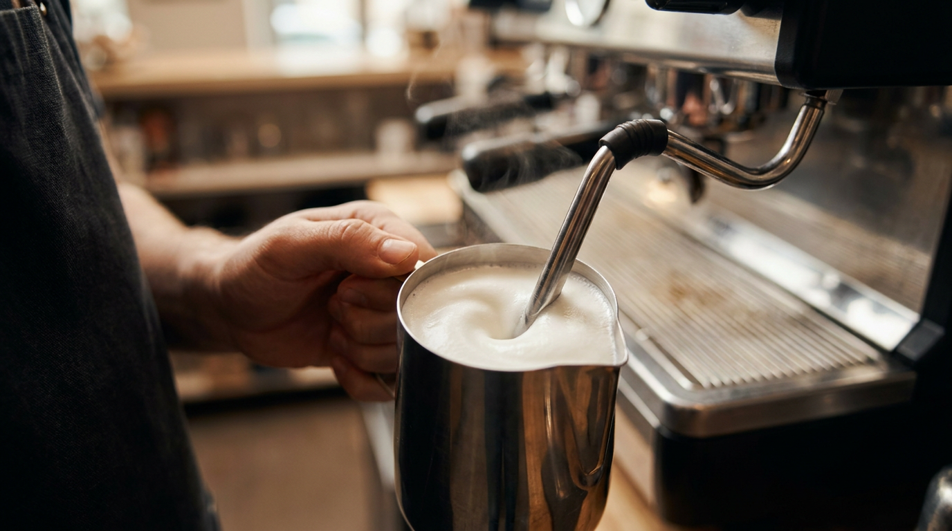 Buhar çubuğu ile pitcher içinde süt köpürtülmesi