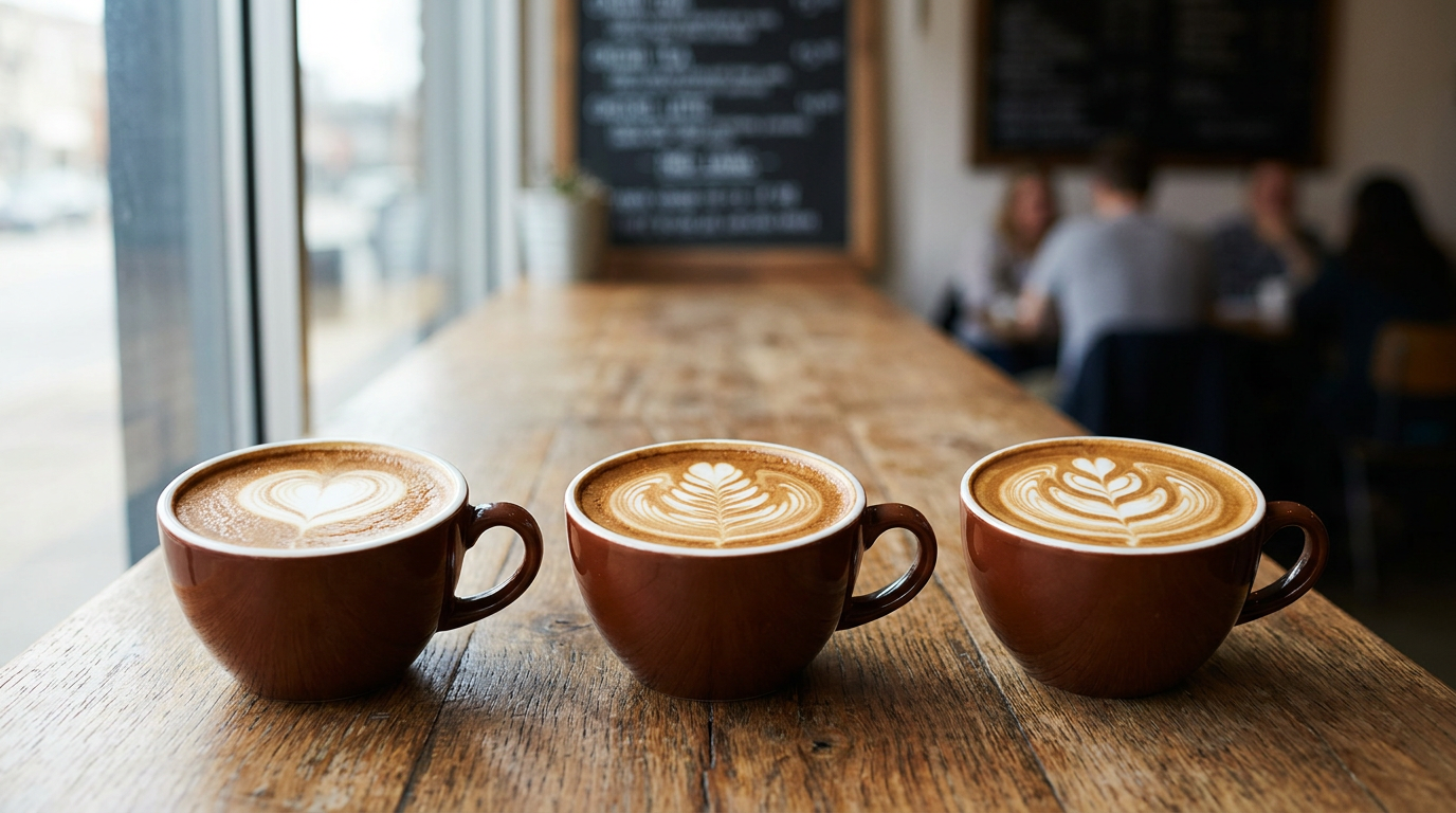 Kalp, rosetta ve tulip latte art desenleri yan yana