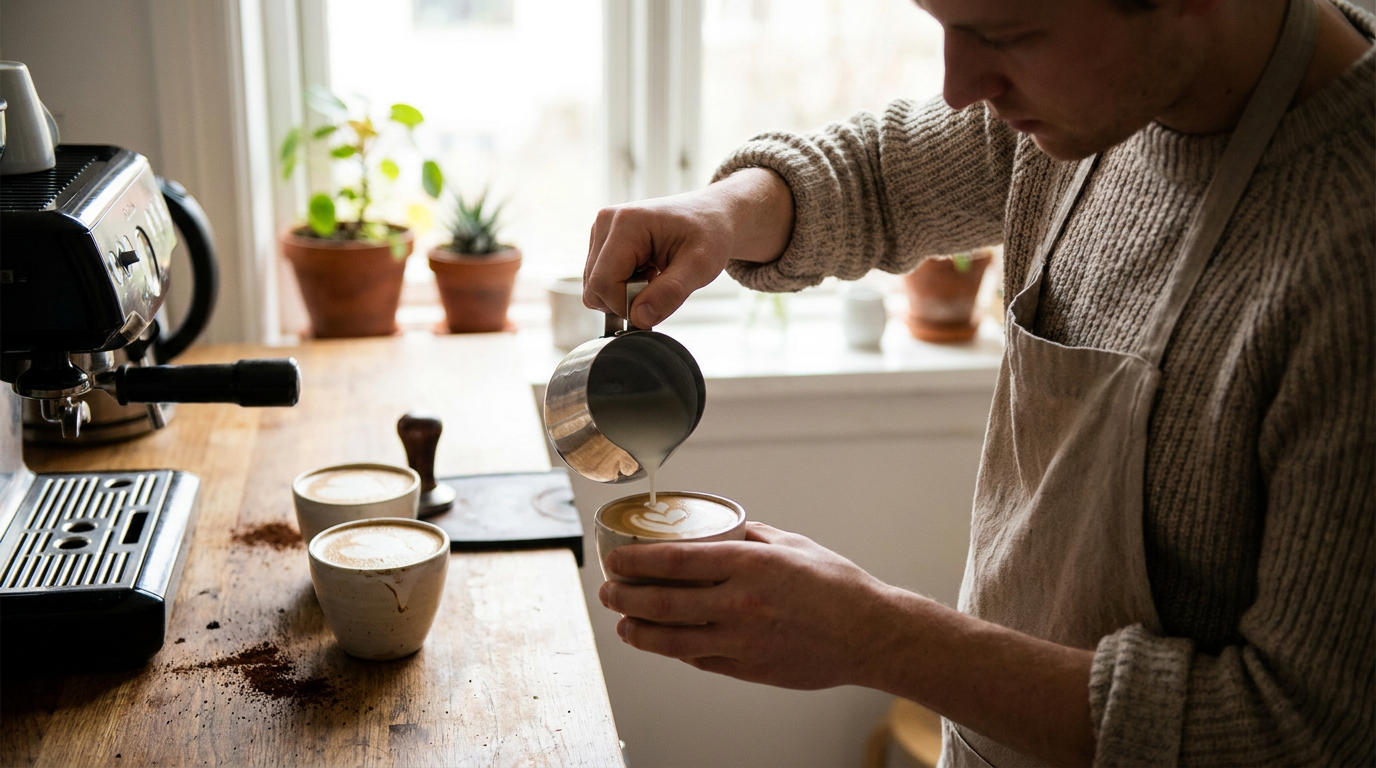 Barista pratik yaparak latte art döküm tekniğini geliştiriyor