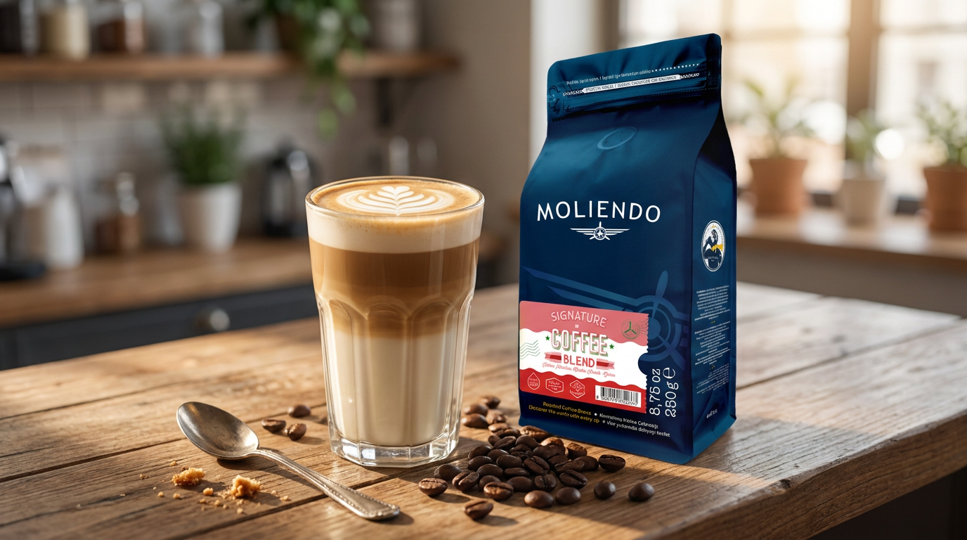 Latte art'lı bir bardak latte, yanında Moliendo Signature Coffee Blend