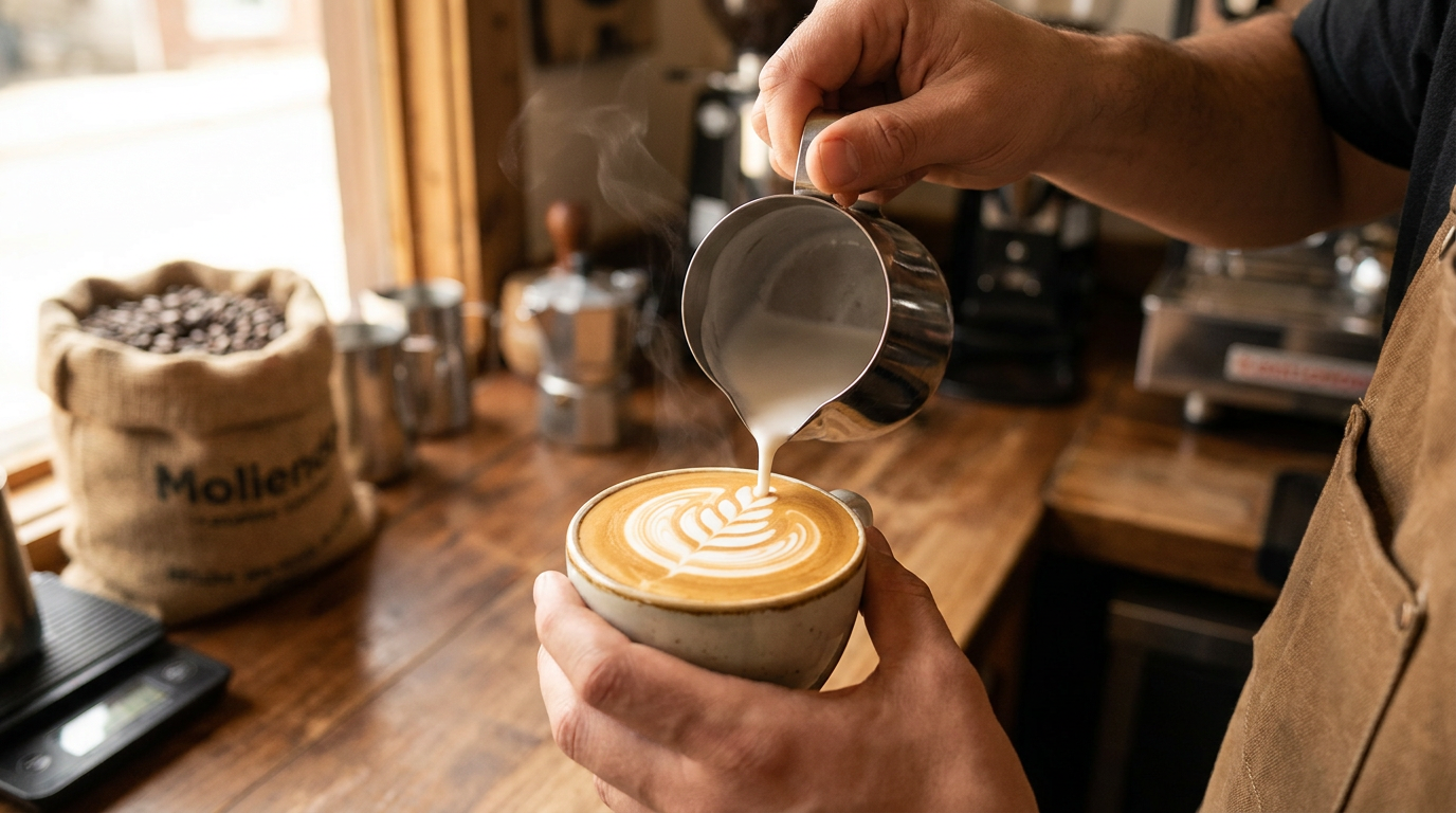 Barista'nın espresso üzerine mikro köpüklü süt dökerek latte art yapması