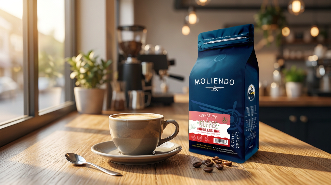 Uzun çekim lungo kahvesi, yanında Moliendo Signature Coffee Blend