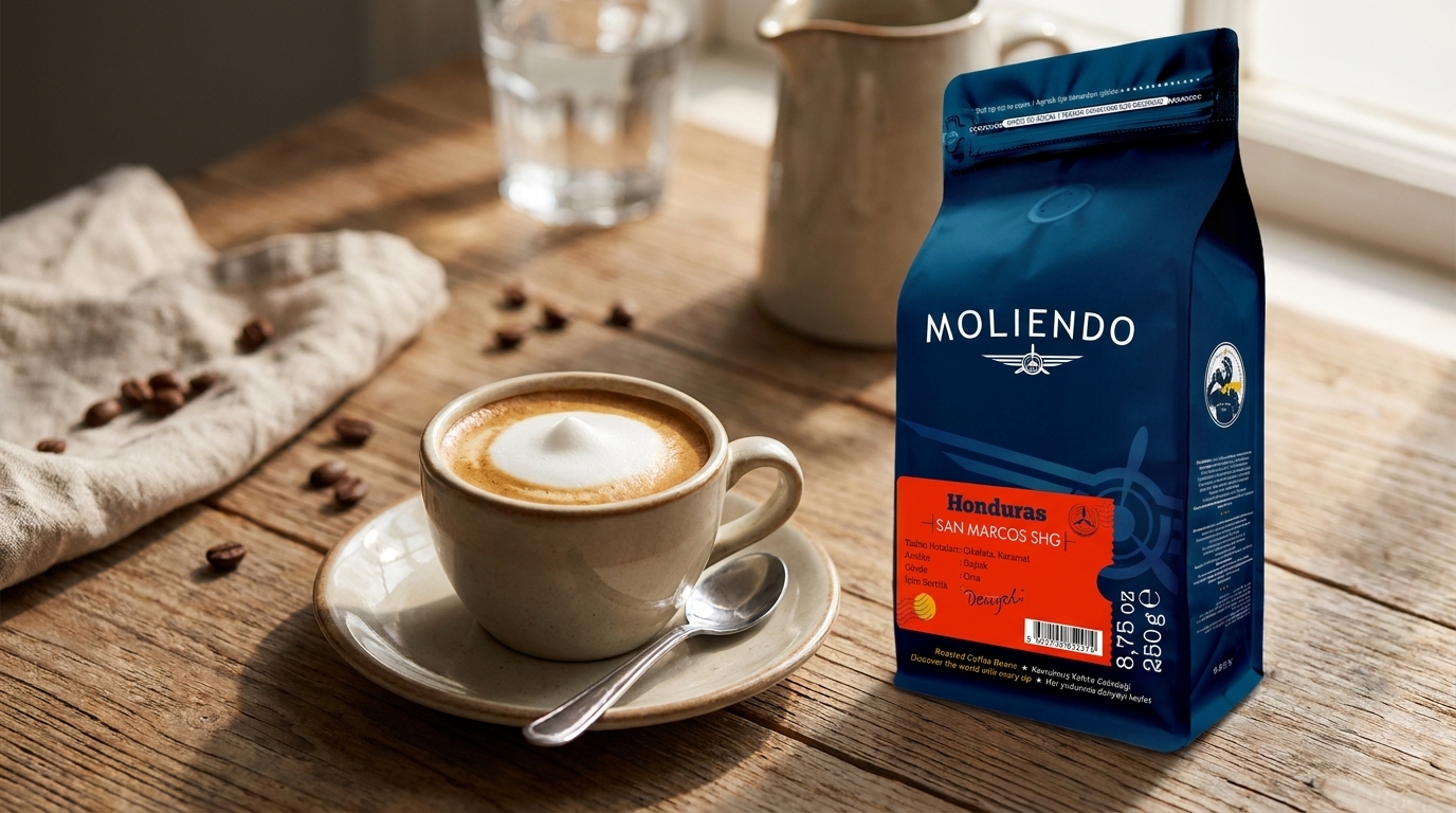 Bir dokunuş süt köpüklü espresso macchiato, yanında Moliendo Honduras San Marcos