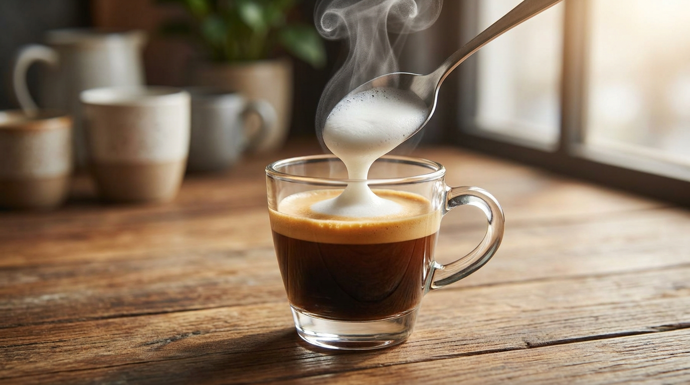 Espresso üzerine kaşıkla bir dokunuş süt köpüğü ekleme
