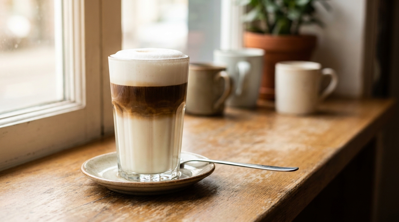 Uzun bardakta katmanlı latte macchiato: süt, espresso ve köpük katmanları