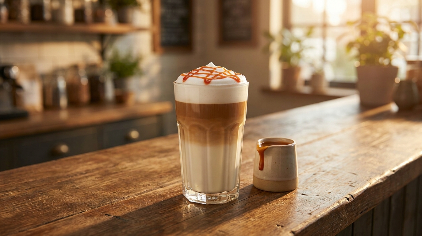 Karamel sos drizzle'lı caramel macchiato, yanında karamel sürahisi