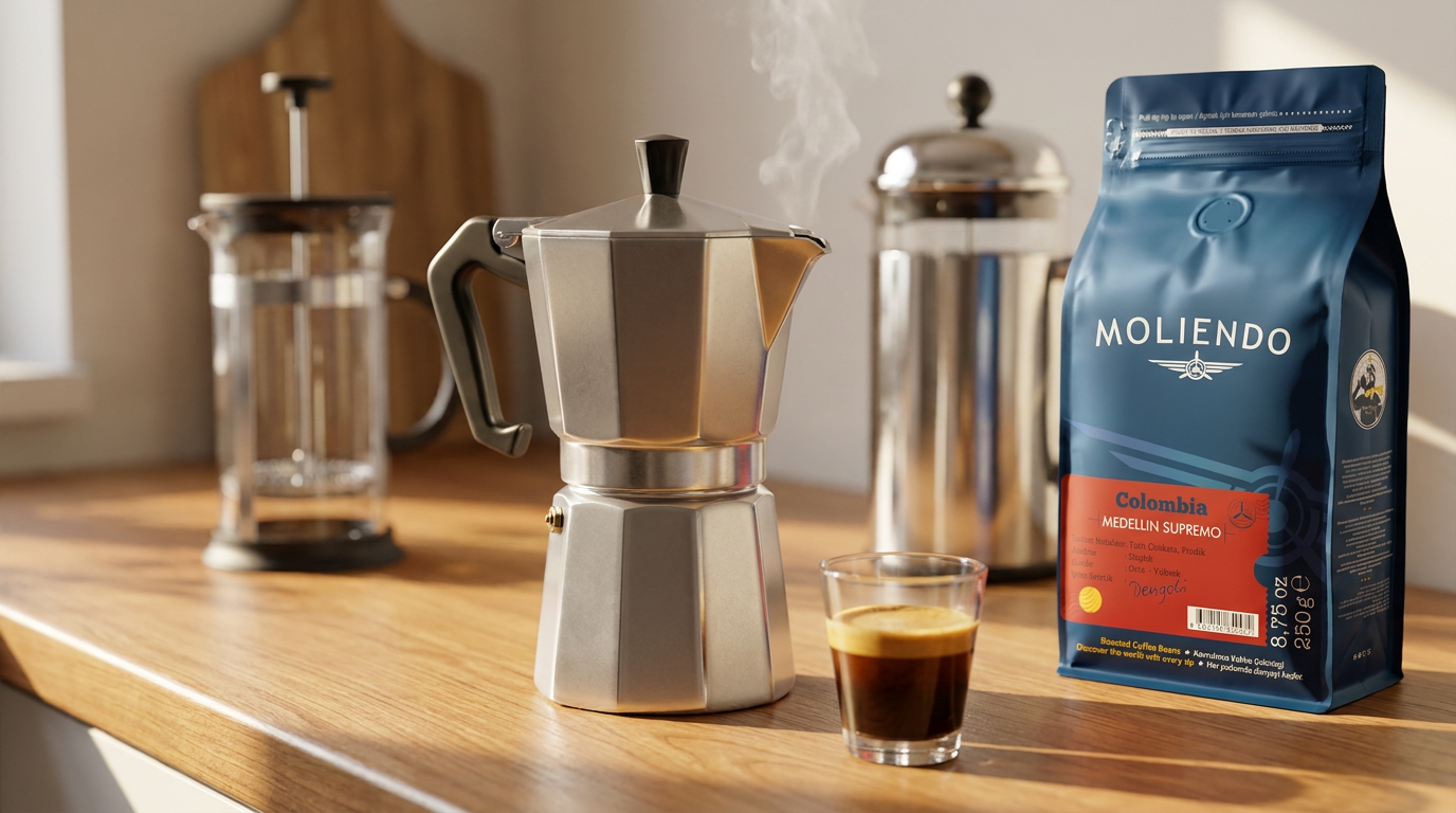 Makinesiz espresso yöntemleri ve Moliendo Colombia Medellin Supremo